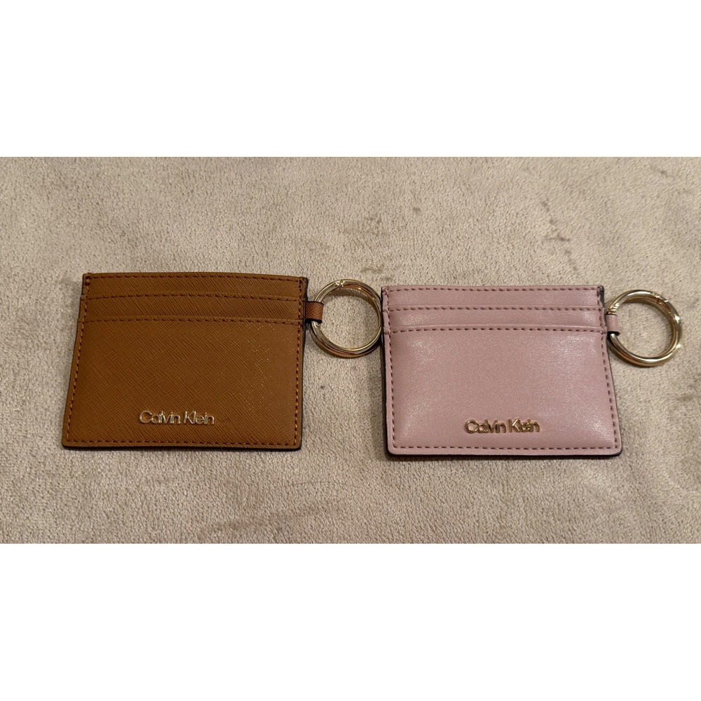Calvin Klein Womens Card Holder Keychain Set Brown Pink Faux Leather Wallets 2pc
